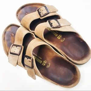 Birkenstock Men's Leather Cream Light Brown Tan Arizona Two Strap Sandal Slide